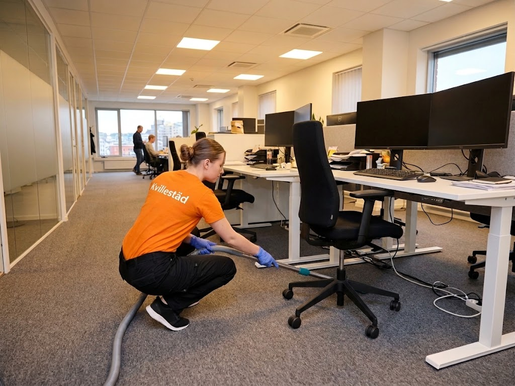 Kvillestäds lokalvårdare dammsuger en kontorskorridor i Göteborg