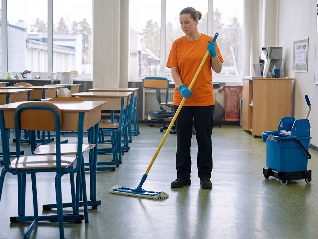 Kvillestäds lokalvårdare moppar ett klassrum i Göteborg
