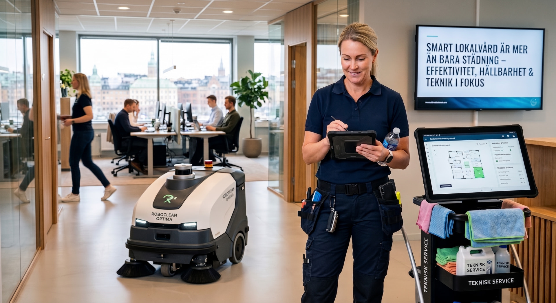 Lokalvårdare med digitalt arbetssätt och städrobot i ett modernt kontor