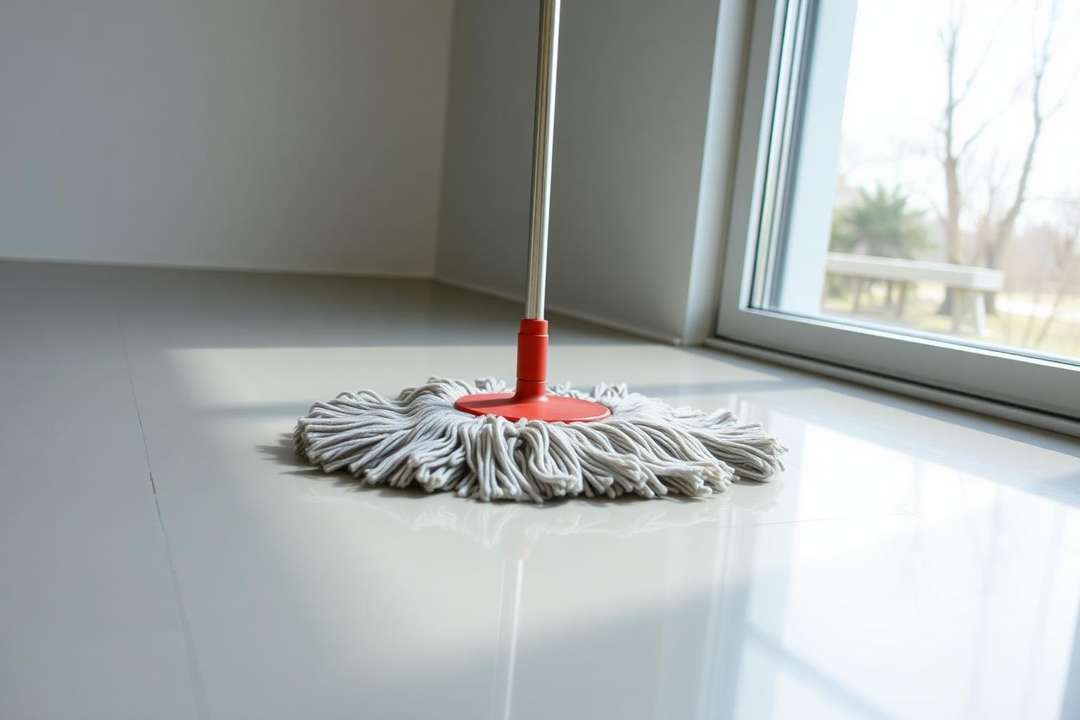 Moppning av ett blankt golv med dagsljusreflex