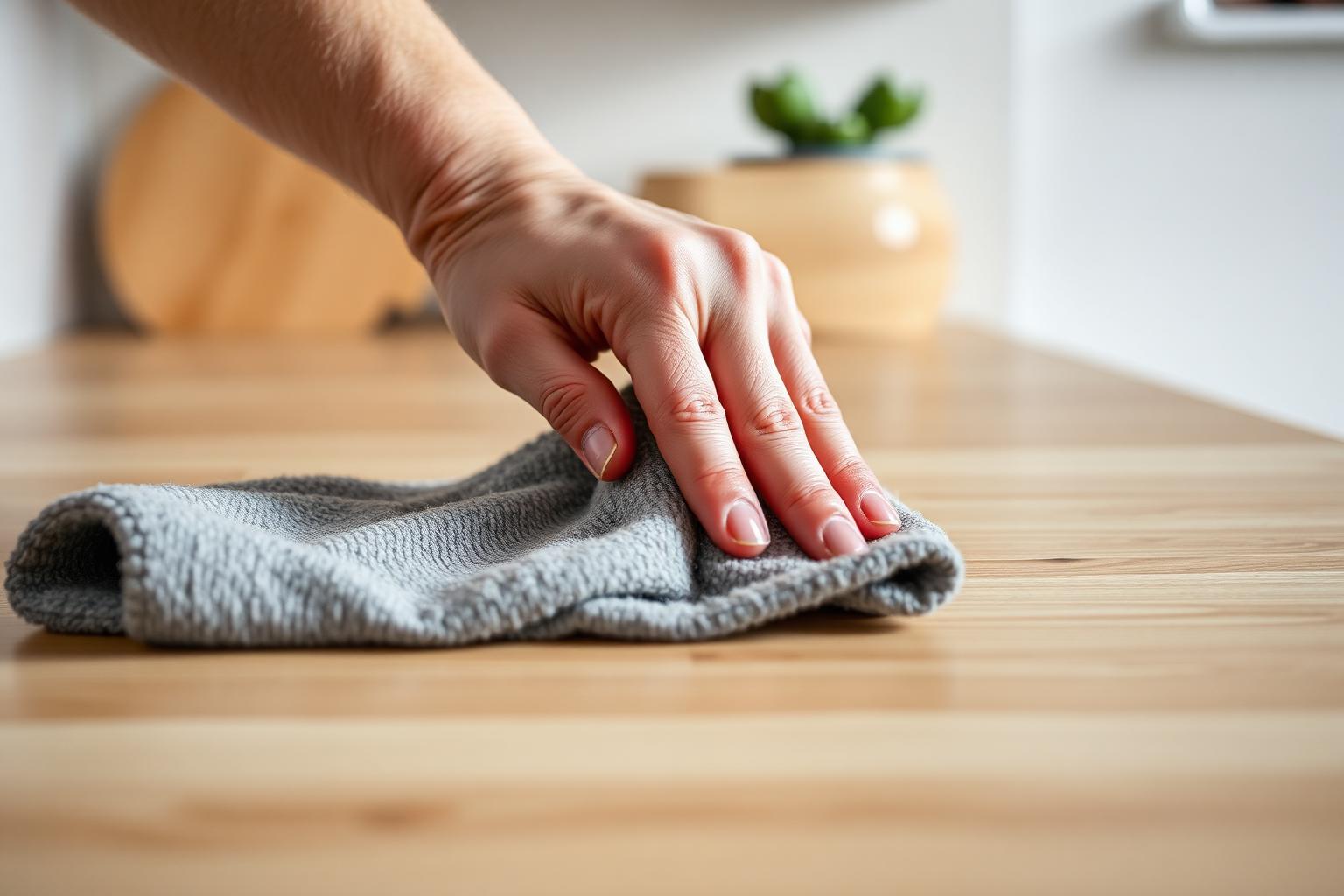 Närbild på mikrofiberduk som torkar av en ren bänkskiva